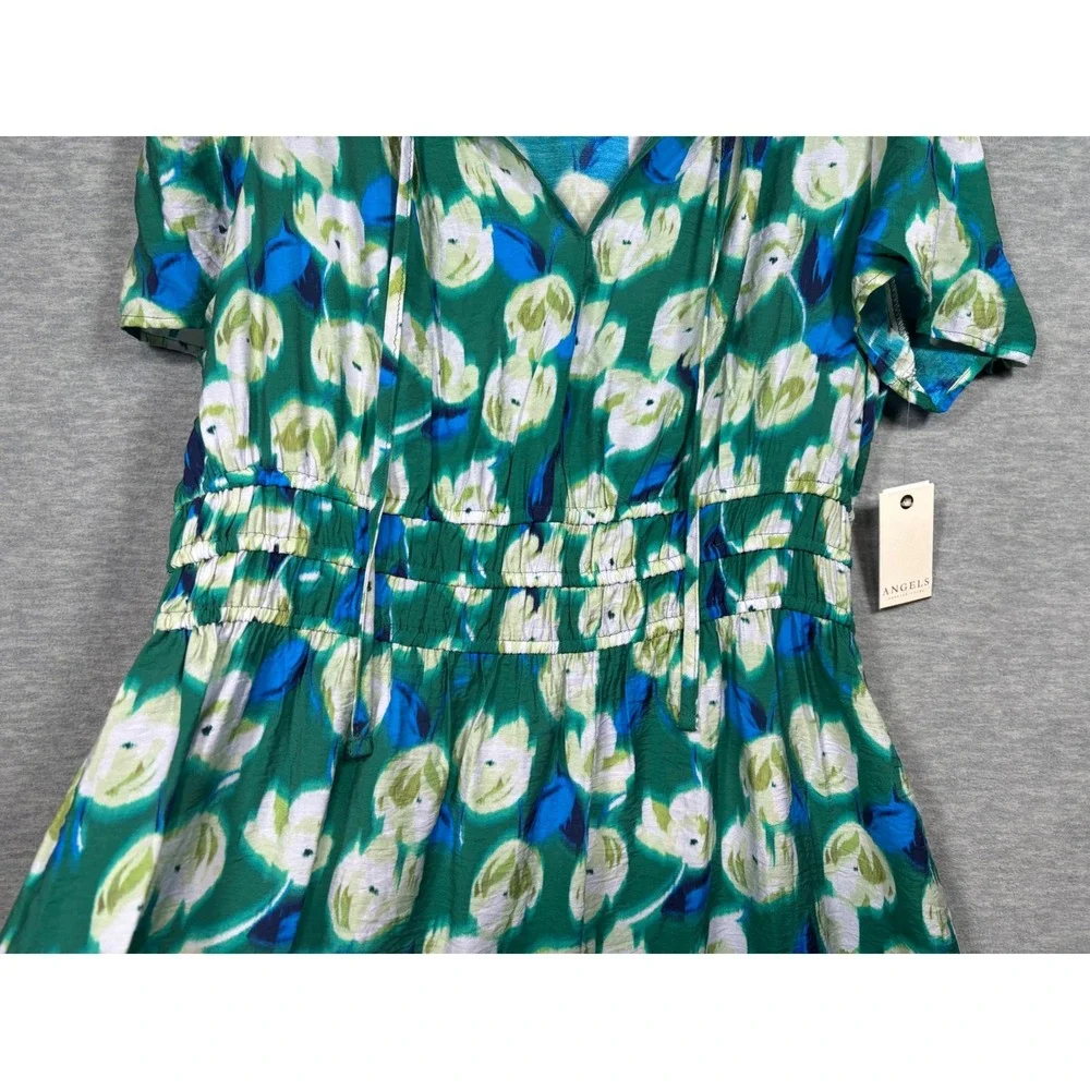 Angels Forever Young Dress L Green Floral Smocked‎ Tiered Midi